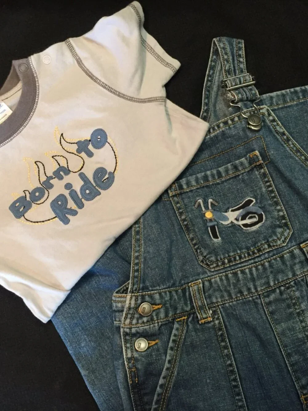 Gymboree Born To Ride 2pc set 2T denim overalls and onesie outfit